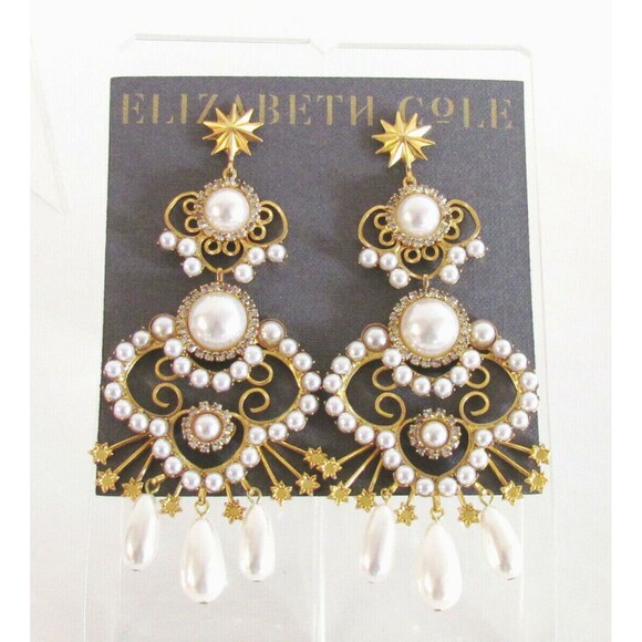 Women's Earrings Designer Elizabeth Cole Faux Pearl/Crystal Gold Plated Earrings - Picture 7 of 11